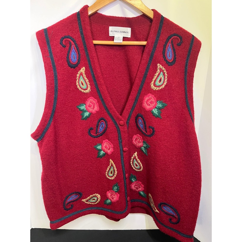 Alfred Dunner Vintage Berry Red 100% Wool Embroidered Floral Paisley Vest 2X NWT
